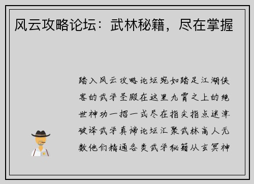 风云攻略论坛：武林秘籍，尽在掌握